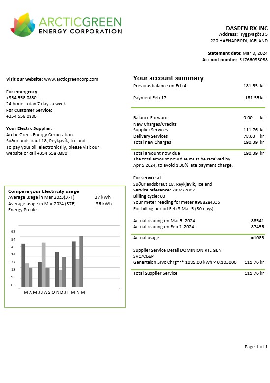 Iceland Arctic Green Energy Corporation electricity business utility bill template in Word and PDF PSD template